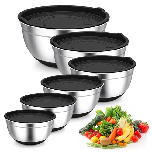 TeamFar Mixing Bowls, Stainless Steel Salad Bowls with Lids - Black