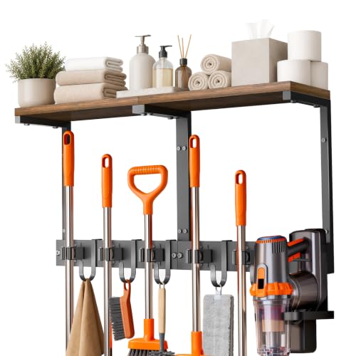 Large Broom Holder Wall Mount with Shelf, Vacuum Organizer, 5 Slots 5 Hooks | Black, 3-In-1 Wall Mount Stores Brooms/Mops/Vacuum, Cleaning Supplies With 5 Grippers/5 Hooks And A Sturdy Wooden Top Shelf