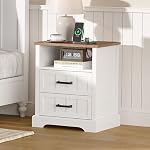 ChooChoo Farmhouse Night Stands with Charging Station, Wood Nightstand Set of 2 with 2 Drawers, Bedside Table with Open Storage Shelf for Bedroom, White