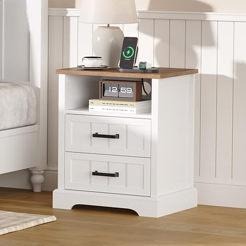 ChooChoo Farmhouse Night Stands with Charging Station, Wood Nightstand Set of 2 with 2 Drawers, Bedside Table with Open Storage Shelf for Bedroom, White - Image 5