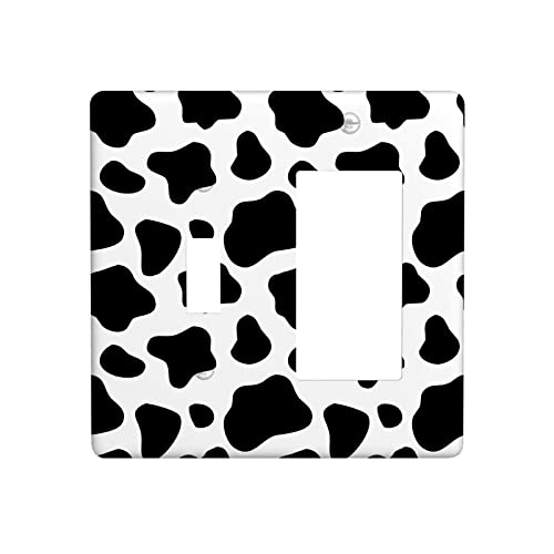 Cow 2 Gang Single Toggle Rocker Light Switch Cover, Wild Animals Fur Cattle Skin Plain Black Spots Combination Wall Plate Decorative Electrical Switchplate Outlet Faceplate for Kitchen Home Art Decor