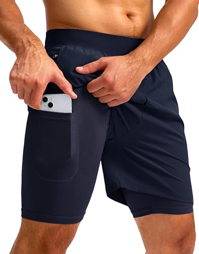 Soothfeel Men's 2 in 1 Running Shorts with 4 Pockets 5 Inch Quick Dry Gym Active Workout Athletic Shorts for Men with Liner(Navy, L)