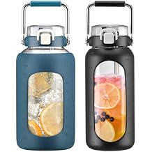 BLUEGO 84oz and 64oz Glass Water Bottles Bundle84 Dark Blue + 64 Black with Straw and Stainless Steel Handle, Large Water Bottle with Sleeve, Half Gallon Water Jug, Glass Water Container, BPA Free