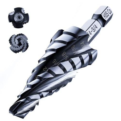 toolant Four Spiral Flute Cobalt Step Drill Bit(Pro), 1/4'-3/4' Impact Ready Unibit Step Drill Bit, 1/4' Hex Shank Step Bits for Metal, Stainless Steel, Aluminum, Plastic