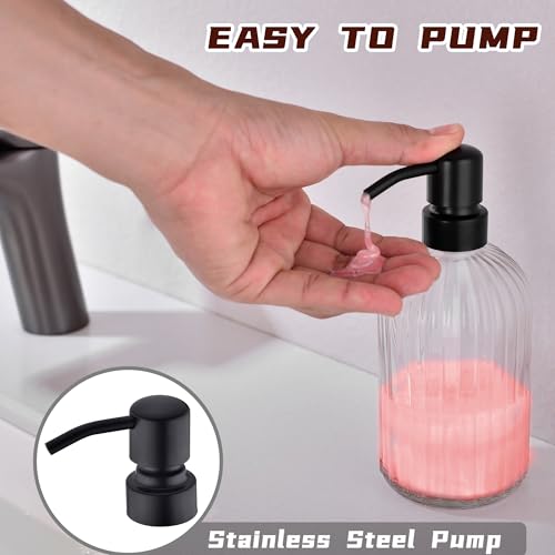 Image of 16Oz Bathroom Glass Soap Dispenser with Black Rust Proof Pump,Premium Kitchen Soap Dispenser with Vertical Stripe, Lotion Dish Dispenser for Modern Home Decor, Countertop, Hotel