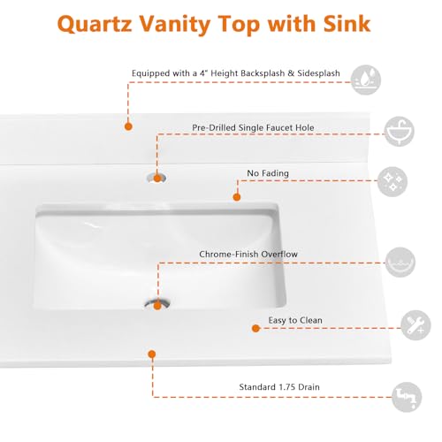 EQLOO 30\" x 22\" Vanity Top, Quartz Vanity Sink Top in Pure White, with One Sidesplash & One Backsplash, with Undermounted Rectangular Sink,Single Faucet Hole for Vanity Top with Sink