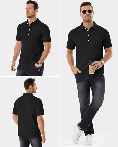 ZKMAN Men's Performance Golf Polo Shirt Short Sleeve 4-Button Quick Dry Stretch Moisture Wicking Shirts with Pocket(Black 3XL) — view 4