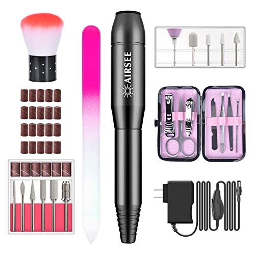 AIRSEE Portable Electric Nail Drill Professional Efile Kit for Acrylic, Gel Nails, Polishing Shape Tools (Black)