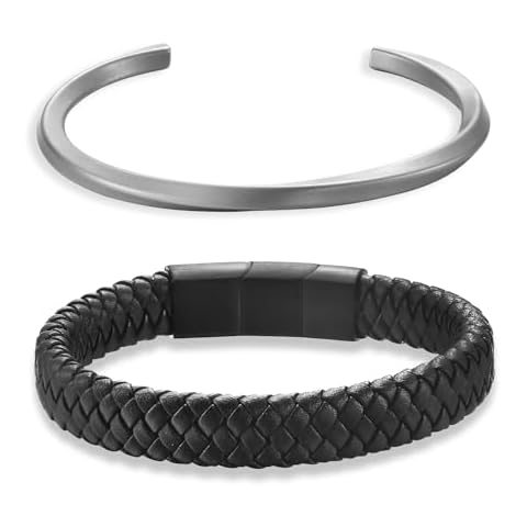 BOLAGTIER Bracelets for Mens,Silver Stainless Steel Twisted Cuff Bangle,Black Leather Men Bracelet Gifts (C: 1 pc leather bracelet+1 pc cuff bracelet) Cover