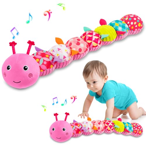 TOHIBEE Baby Toys Musical Caterpillar, Infant Stuffed Animal for 0-6 6-12 Months with Crinkle and Rattles, Tummy Time Sensory Toys Newborn Boys Girls Gifts 0 3 6 9 12 Months - Pink