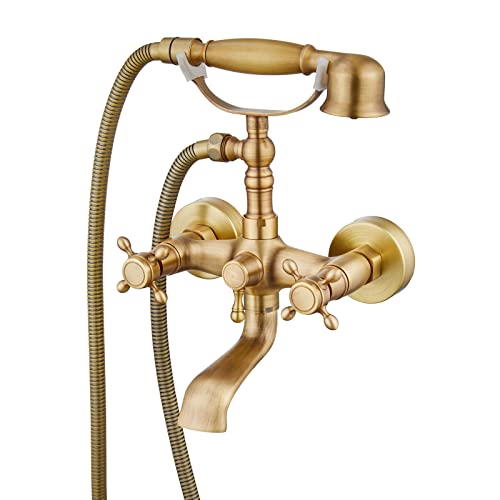 Wall Bathtub Faucet Set With Handheld Shower Spray Antique Brass Double Cross Handle 2 Functions Wall Mount 360 Swivel Mixer Tub Filler Spout Vintage Bathroom #TOP11