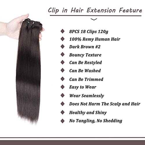Clip In Hair Extensions Real Human Hair, Remy Human Hair Clip In Extensions Dark Brown Hair Extensions Clip In Human Hair, Thick Natural Hair Clip Ins 8 Pcs 120G 16 Inch Silky Straight Hair Extensions Double Weft #TOP5