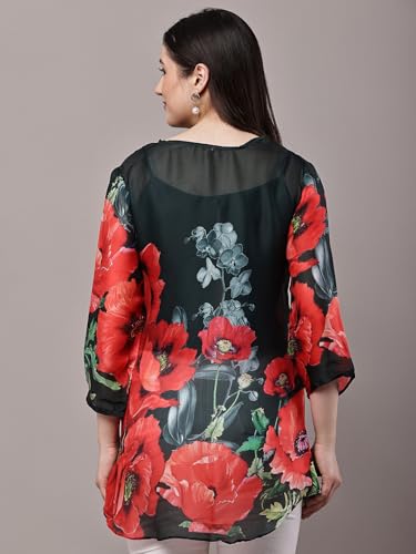 Image of Women's Pink Printed Short Kurti with Lace Trim, 3 /4 Sleeves, Ethnic Indian Style Top