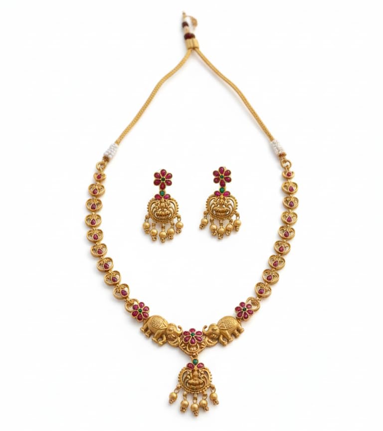 diksha collection Traditional Antique Matte Gold Plated Temple Jewelry Necklace and Earring Set featuring Goddess Lakshmi and Elephant Motifs adorned with Ruby and Green Stones for Women | Ethnic Bridal necklace set-picture-38