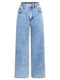 WDIRARA Girl's High Waisted Button Wide Leg Jeans Casual Long Denim Pants with Pocket Light Wash 12Y