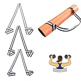 3 gestreifte Yogamattengurte (grau/weiß, blau-weiß, schwarz-weiß) mit einer Fitness-Themennadel