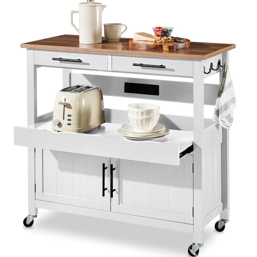 Best Choice Products 36in Large Rolling Kitchen Island Cart, 2-Door Cabinet, 2 Drawers, Pull-Out Shelf, Power Outlet, Hooks, & Swivel Lockable Wheels - White