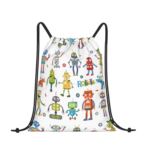 FWJZDSP Niedliche Cartoon-Roboter-Rucksacktasche mit Kordelzug, wasserdichter Kordelzug-Rückensack, Turnbeutel mit Kordelzug, Badetasche