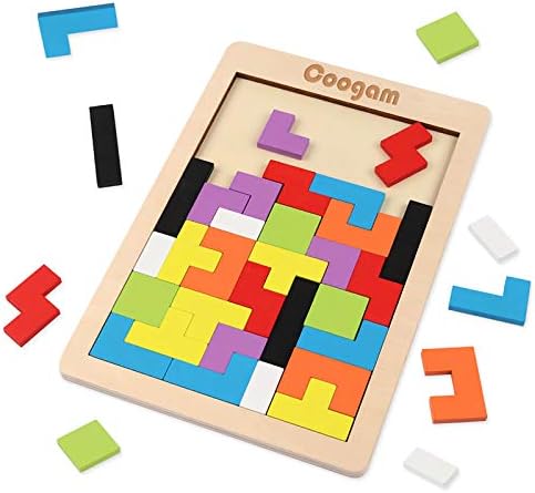Coogam Wooden Tetris Puzzle Brain Teasers Toy Tangram Jigsaw Intelligence Puzzle Colorful 3D Russian Blocks Game Educational Gift Baby Kids (40 Pcs)