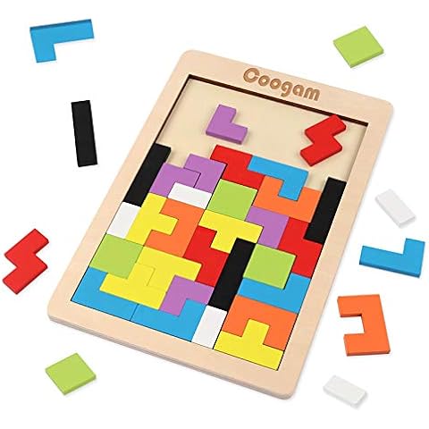 Coogam Wooden Blocks Puzzle Brain Teasers Toy Tangram Jigsaw Intelligence Colorful 3D Russian Blocks Game STEM Montessori Educational Gift for Kids (40 Pcs) Cover