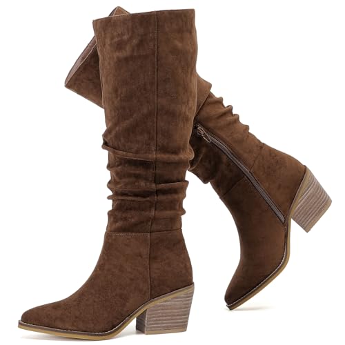 Women's Knee High Boots, Wide Calf Chunky Block Low Heel and Slouchy Pointed Toe Winter Long Boots for Women. 9.5 Brown Mf 961