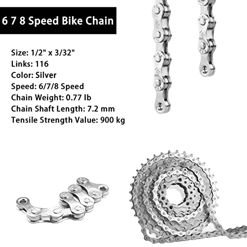 Suplevel 6/7/8 Speed Bike Chain Kit - Mountain Bike Chain, Bike Link Pliers Tool, Chain Breaker And 6Pcs Bike Chain Master Links, Bicycle Chain 1/2 X 3/32 Inch 116 Links, Silver #TOP5
