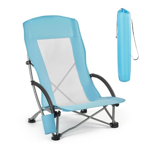 VEVOR Folding Beach Chair, High Back Camping Chairs for Adults, with Cup Pocket, Mesh Back, Carry Bag, Portable Extra Wide Seat Chair 330 lbs Heavy Duty Support, for Outdoor, Camp, Light Blu