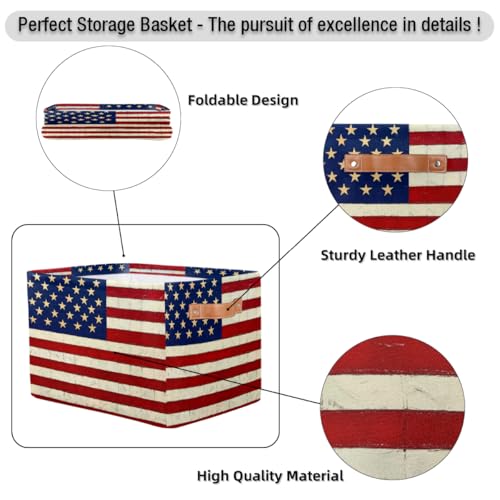 Image of Usa Flag Storage Baskets for Organizing, Fabric Collapsible Storage Bins Box Vintage American Flag Decorative Toy Organizer Baskets for Closet Shelves Gift Basket 2Pcs