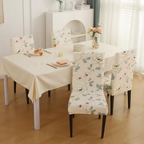 Image of HOKIPO Premium Printed Velvet Chair Cover Set of 4 for Dining Table, Buttercream Magnolia Whisper (AR-5794-D5*4)