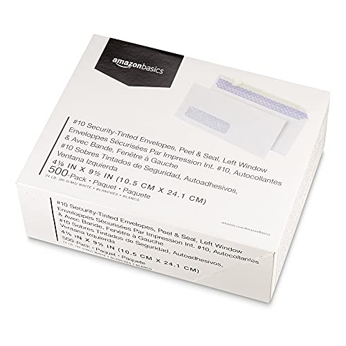 Amazon Basics #10 Security-Tinted Self-Seal Business Envelopes With Left Window, Peel & Seal Closure - 500-Pack, White #TOP5