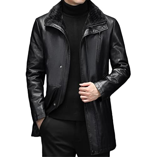 Manteau en cuir homme noir de longueur moyenne avec col fourrure chaud d'hiver