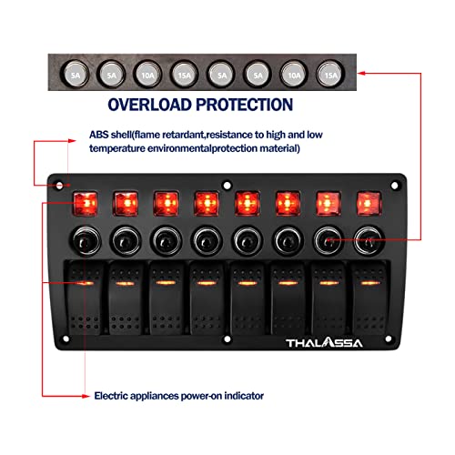 Thalassa 8 Gang Marine Boat Rocker Switch Panel Waterproof With Circuit Breaker, 12V On-Off Toggle Switchs Panel With Red Led Indicator For Rv Car Truck Vehicles Yacht #TOP1