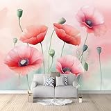 Art Papier peint intissé 200 x 140 cm Papier Peint Panoramique pour Salon Chambre Bureau décor mural moderne Aquarelle Plantes Coquelicots Papier peint Rose Clair Couvrir les petites fissures