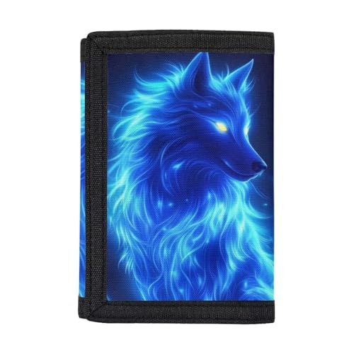 Dolyues Wolf Trifold Wallets Blue Kid Money Organizer for Teens Boys Outdoor Wallet with Magic Sticker Polyester Birthday Gift for Children
