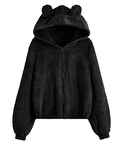 ticticlily Frauen Hoodies Mit Bären Ohren Plüsch Winter Warmer Mantel Jacke Outwear Langarm Hoodie Pullover Mädchen Langarm Casual Sweatshirts mit Teddy-Fleece Plüschmantel Wollmantel B2 Schwarz M