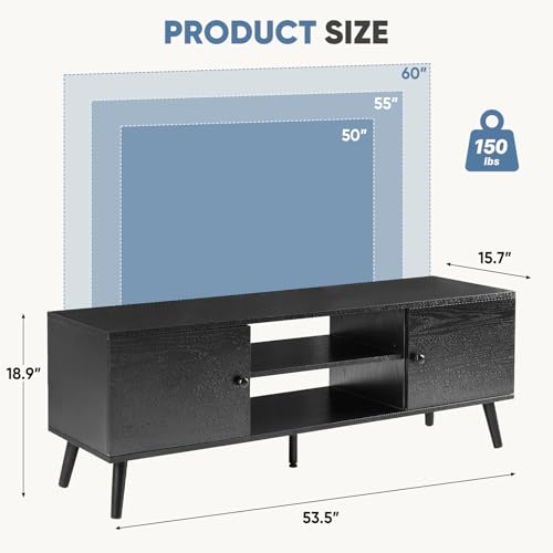 DUMOS TV Stand for 55 60 inch TV, Modern Mid Century Entertainment Center with Storage, Wooden Media Console Table with 2 Cabinets, for Living Room, Bedroom, Black by DUMOS - Used condition - Image 2