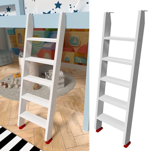 Image of 50 inch 55 inch 60 inch White Wood Bunk Bed Ladder, Lofted /Dorm /RV Bed Bunkbed Ladders with 4in Extra Wide Steps and Non-Slip Pads, Replacement Wooden Ladder for Motorhome /Camping (White, 60in /153cm)