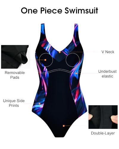 Veranobreeze Maillot de Bain Femme 1 Pieces Sport Col V Anti-Chlore UPF50+ Coques Amovibles Piscine Maillots Une Pièce (NF, EU 40) – vue 6