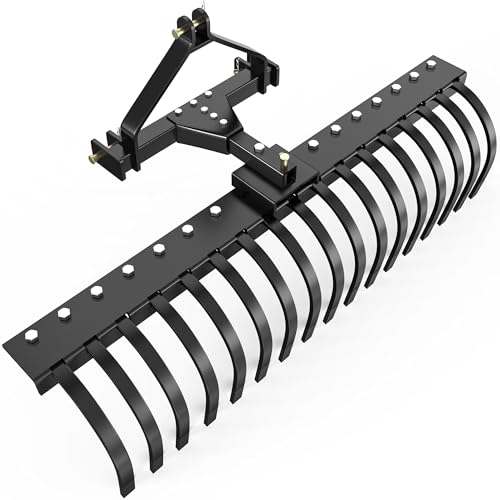 YITAMOTOR 50 Landscape Rake Tractor Attachment 3 Point Quick Hitch Rock Rake for Tractor Category 1 to Collecting Gravels Leaves Branches 17 Replaceable Spring Steel Tines 5 Angle Adjustment Black