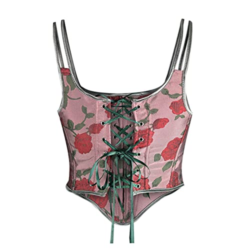 Lemononstore Women's Bandana Vintage Party Corset Crop Tops Y2K Boned Bustier With Push Up Bow Tie Lace-Up Vest Tank Top #TOP3