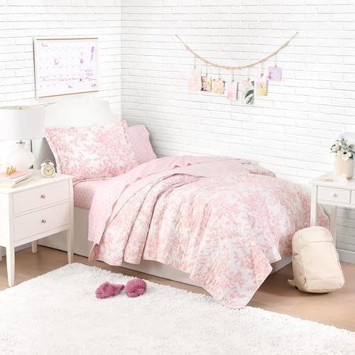 Image of Laura Ashley - Twin Size Bedding Bundle, Reversible Quilt with Matching Pillowcases & Cotton Percale Sheet Set, Floral Bedding with a Crisp & Cool Feel (Pink)