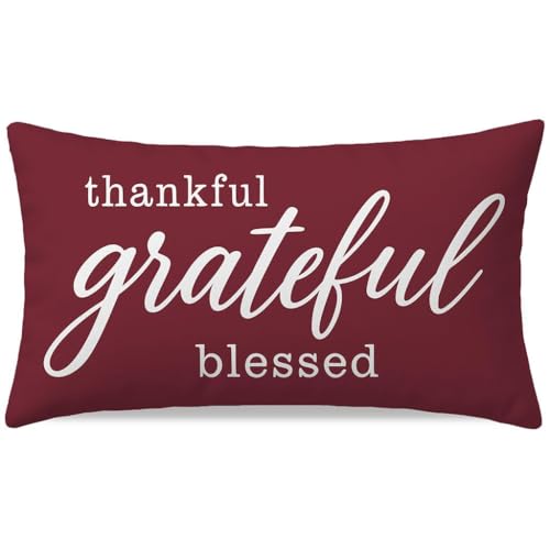 PANDICORN Decorative Throw Pillow Covers 12x20 Grateful Thankful Blessed Burgundy Fall Thanksgiving Decorations Lumbar Cushion Case Home Decor for Living Room Bedroom Sofa Couch Bed