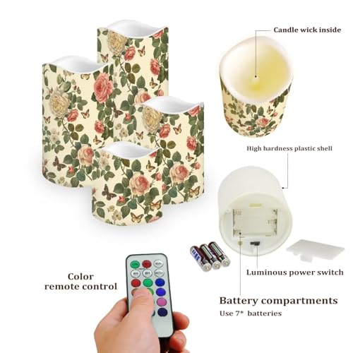 Image of Retro Rose Flameless Candles with Remote Color Changing Battery Operated Pillar Candles with Flickering Flame Electric Fake Plastic Candles Tea Light Living Room Dining Table Decor