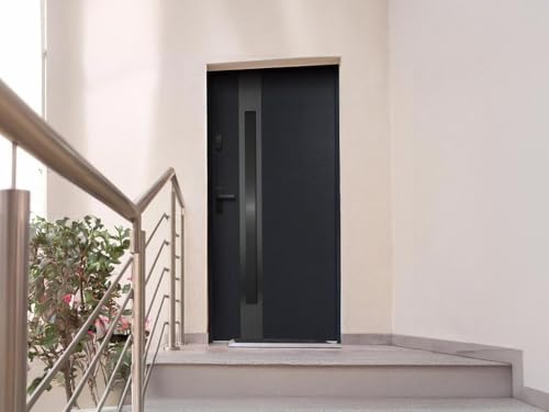 Miniatura 6 de Vente-Unique-Puerta De Entrada De Acero Y Acero Inoxidable Alt. 207 X L100 Cm - Vidrio Ahumado - Negro Y Antracita - Apertura Derecha - Braga