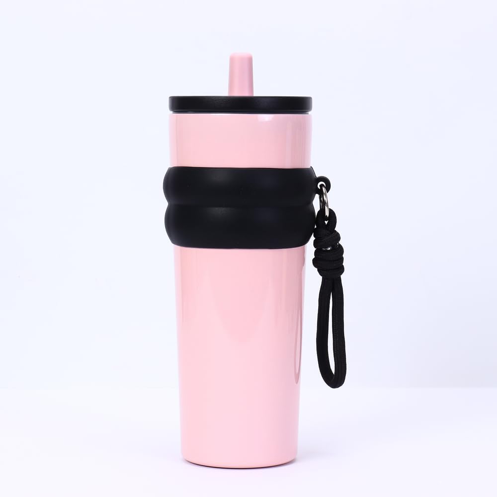 800ml Large Capacity 304 Stainless Steel Insulated Water Bottle, Portable Outdoor Straw Cup, Non-Slip, Leak-Proof, Car Cup (Red&Black 2)