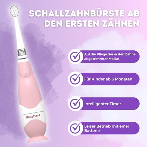 PixieDent Elektrische zahnbürste für Kinder Schallzahnbürste ultraschall mit 2 ersatzbürsten und 2 Modi Timer Zeitschaltuhr Sanfte Borsten LED Kinderzahnbürste von 0-3 Jahre (Rosa, Baby) – Bild 7