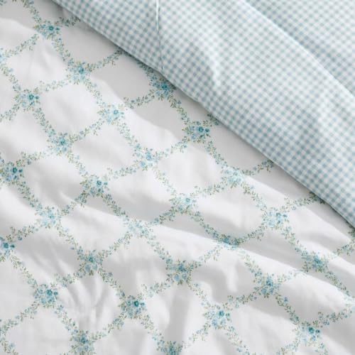 Image of Martha Stewart - Queen Comforter Set, 100% Cotton Bedding with Shams, Soft and Breathable, Lightweight All-Season Comforter, Reversible Design, Romantic Trellis Blue