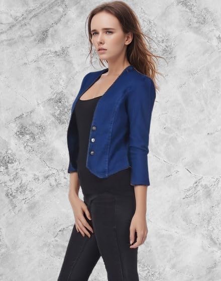 Image of Women's Blue Cropped Blazer, 3 /4 Sleeve, Button Front, Formal Jacket