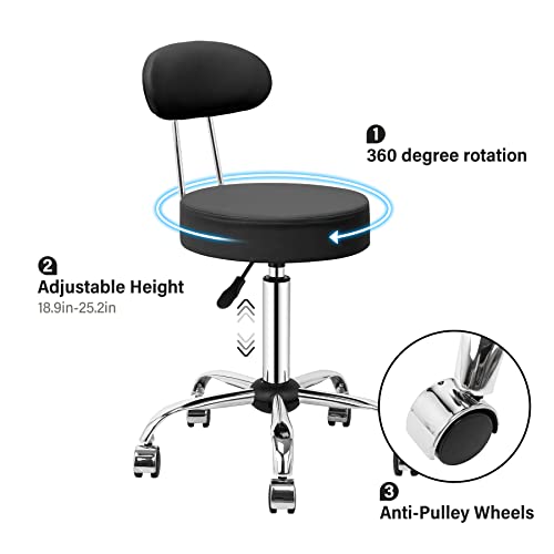 Homemiyn Rolling Stool With Back Pu Leather Height Adjustable Swivel Work Shop Massage Spa Salon Stools With Wheels, Black #TOP5