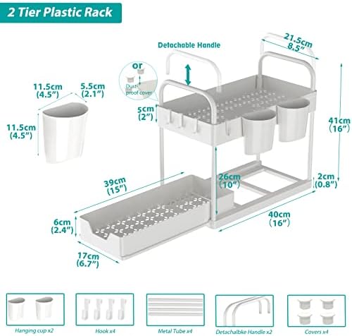 2 Tier Under Sink Storage,Under Sink Organiser with Bottom Sliding Basket Drawer,4 Hooks, 2 Hanging Cup,Multi-Purpose Under Sink Cabinet Organiser for Bathroom Kitchen Countertop,2 Pack,White